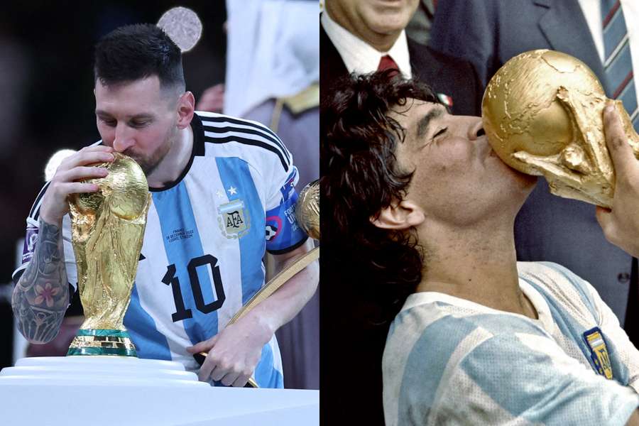 Lionel Messi, campion mondial cu Argentina în 2022, Qatar; Diego Armando Maradona sărută trofeul suprem în 1986 Lionel Messi, campion mondial cu Argentina în 2022, Qatar; Diego Armando Maradona sărută trofeul suprem în 1986