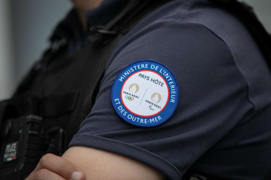 Illustration of a police patch of the olympic games of the ministry of interior during the arrival of the Israeli Olympic delegation 