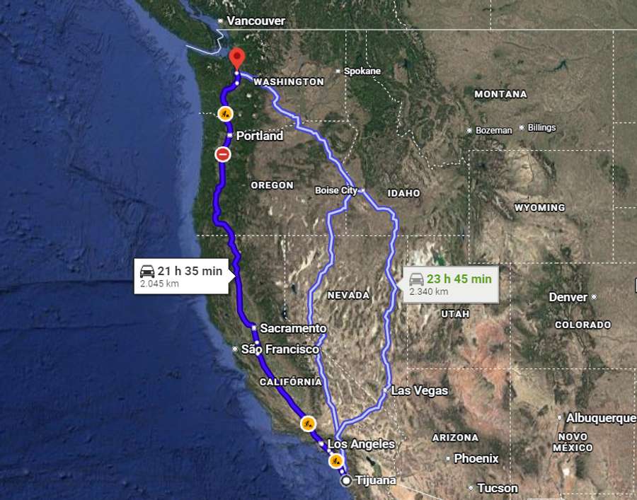 La distance entre Seattle et Tijuana est de 2 045 km