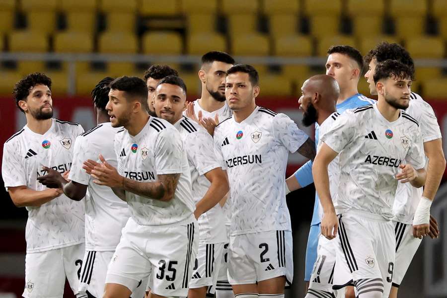Qarabag celebrate their first-leg winner from Toral Bayramov
