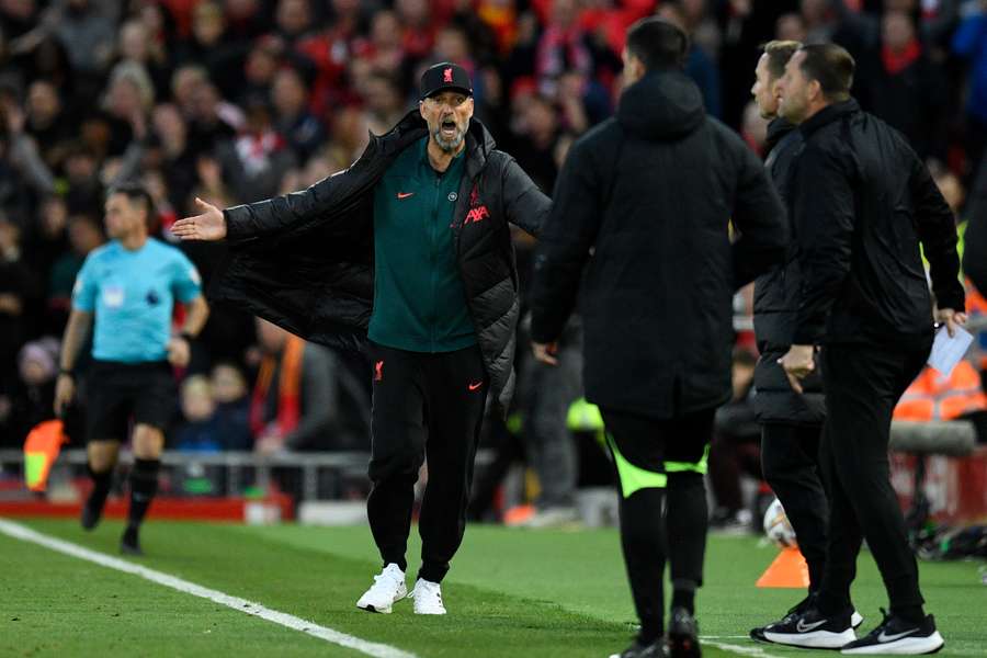 Liverpool's German manager Jurgen Klopp (C) reacts on the touchline and is subsequently sent off during the English Premier League football match between Liverpool and Manchester City at Anfield in October