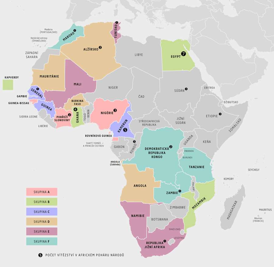 Mapa Afriky s vyznačenými účastníky šampionátu.