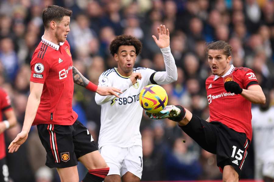 Tyler Adams vies with Manchester United's striker Wout Weghorst and midfielder Marcel Sabitzer 