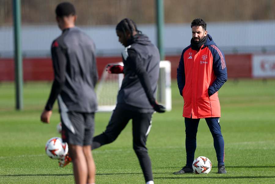 Ruben Amorim looks on during a training session at the Carrington Training Ground in Manchester on Wednesday