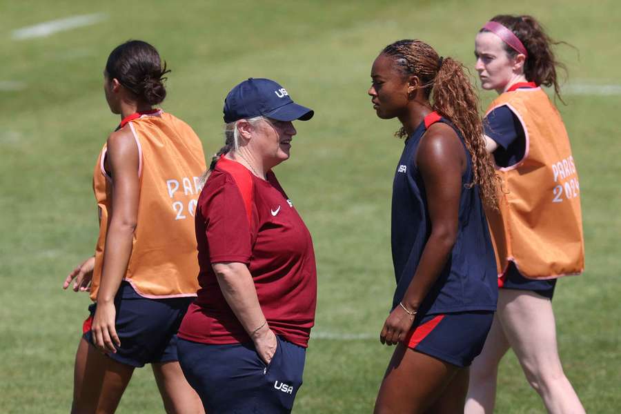 Emma Hayes, head coach of Team United States, looks on during a Team United States Football training session