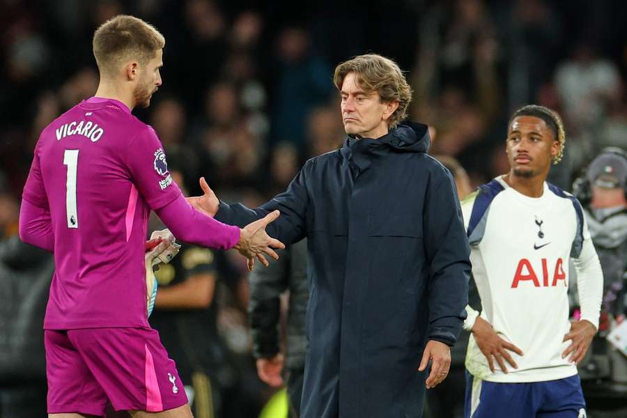 Tottenham's Thomas Frank and Guglielmo Vicario after the game against Newcastle
