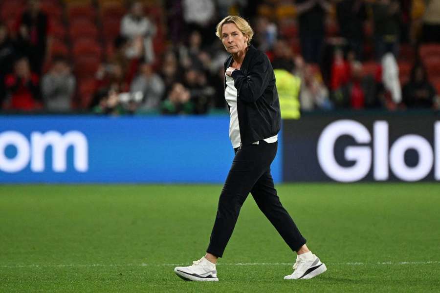 Germany coach Martina Voss-Tecklenburg reacts after Germany are knocked out of the World Cup