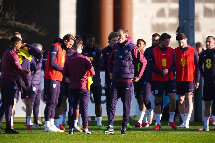 England manager Thomas Tuchel addresses players during a training session at St George's Park, Burton upon Trent.