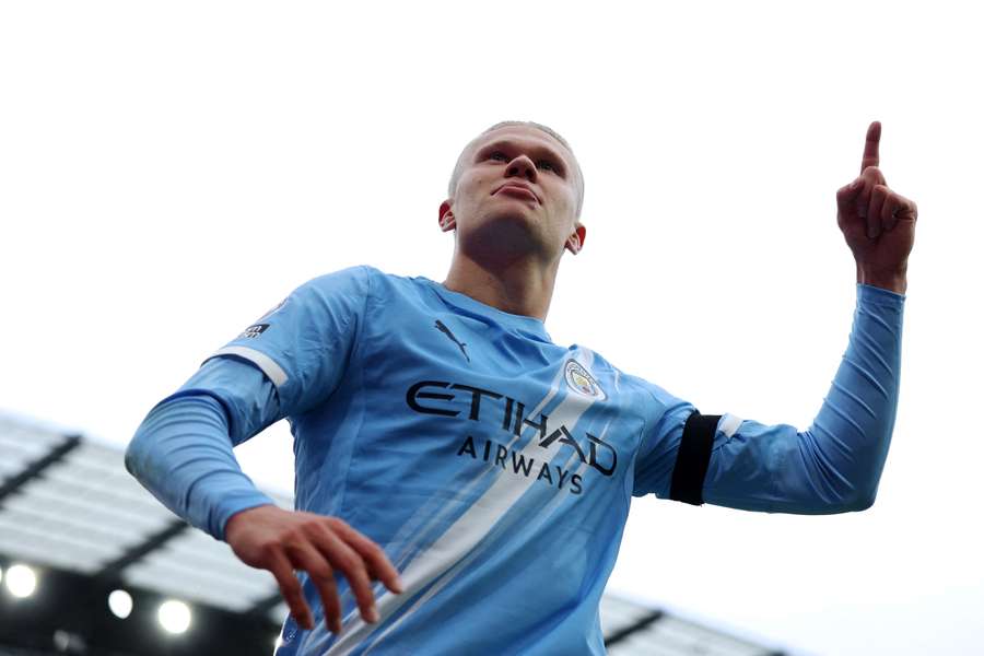 Erling Haaland celebrates after giving Man City a 2-0 lead over their Manchester rivals on Sunday
