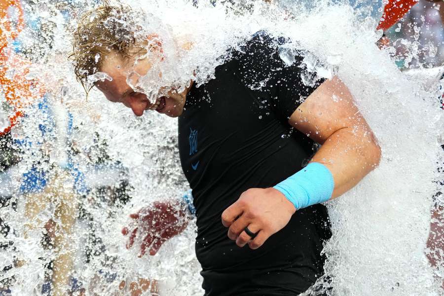 Marlins outfielder Kyle Stowers receives Gatorade bath after hitting a walk-off against the Pittsburgh Pirates