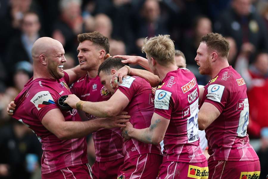 Exeter Chiefs' English hooker Jack Yeandle celebrates with teammates