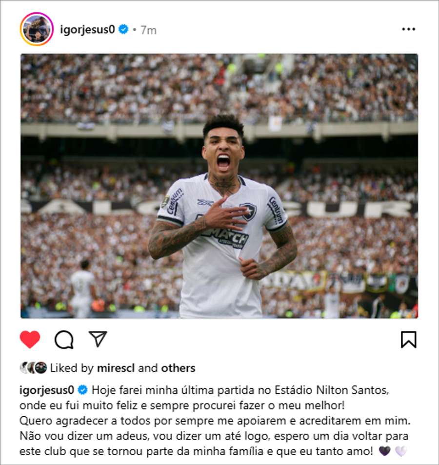 Mensagem de despedida de Igor Jesus em seu Instagram Mensagem de despedida de Igor Jesus em seu Instagram
