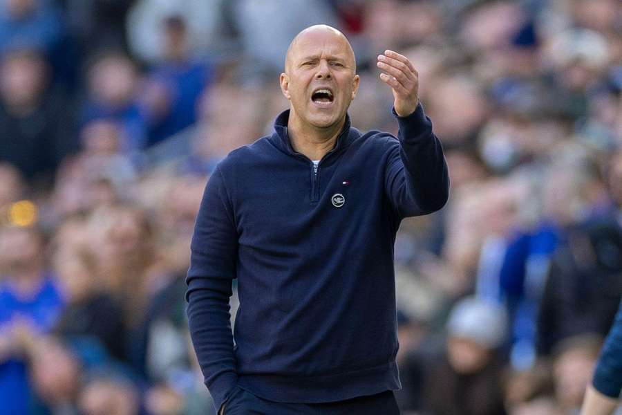 Liverpool manager Arne Slot gestures during their win over city rivals Everton