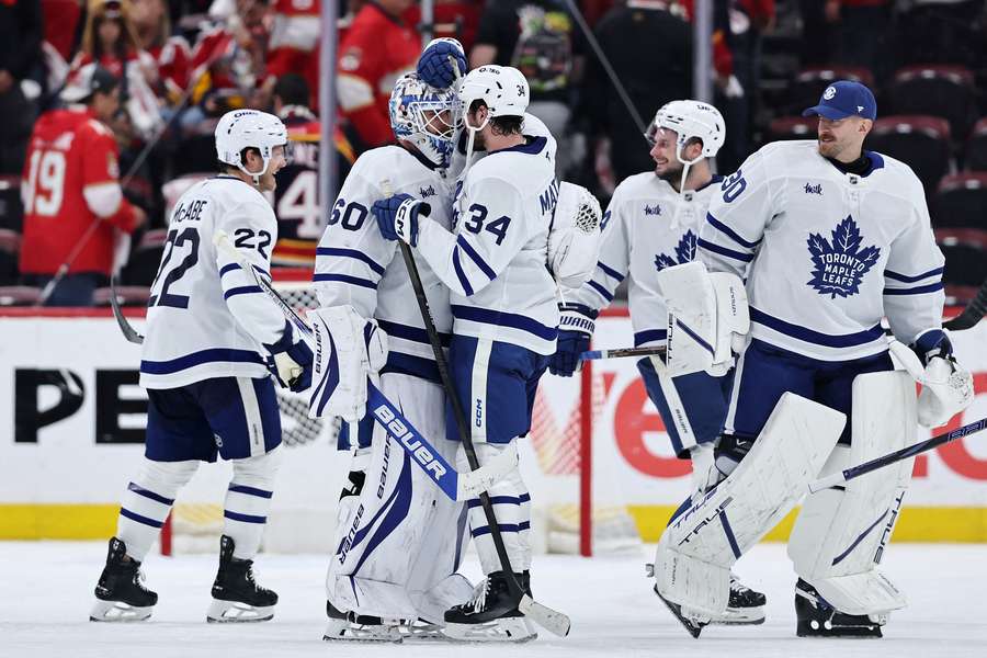 The Toronto Maple Leafs celebrate their Game 6 win over the Florida Panthers to bring the series back to Toronto for a deciding match.