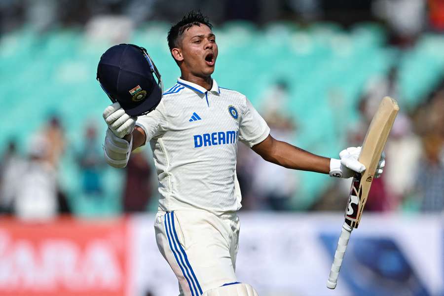Yashasvi Jaiswal acknowledges the crowd after reaching a century on day three against England