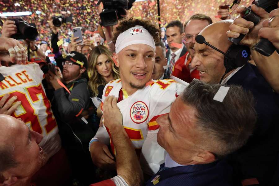 Patrick Mahomes is mobbed after Kansas City Chiefs win Super Bowl LVII