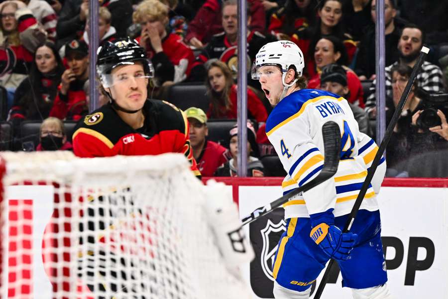 Buffalo's Bowen Byram celebrates his goal against the Ottawa Senators (2025)