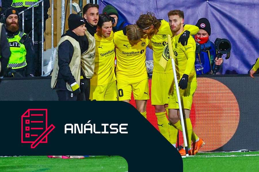 O Bodo/Glimt festeja um dos seus golos durante a sua chocante vitória na Liga dos Campeões.