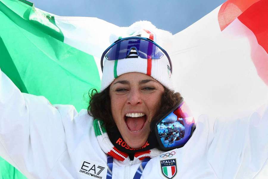 Federica Brignone celebrates after winning gold for Italy Federica Brignone celebrates after winning gold for Italy