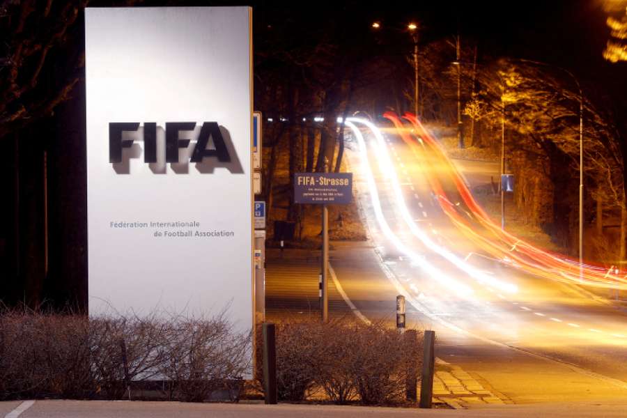 A long exposure shows FIFA's logo near its headquarters in Zurich