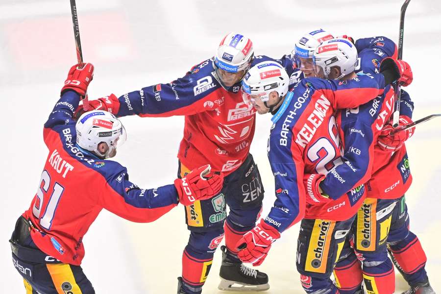 Pardubičtí hokejisté slaví gól.