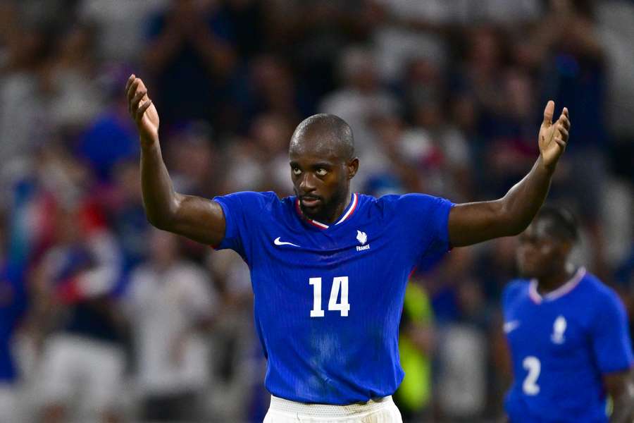 Jean-Philippe Mateta celebrates scoring his team's first goal during the men's semi-final football match between France and Egypt