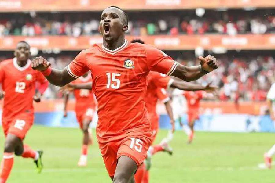 Ryan Ogam celebrates scoring for Kenya against Morocco