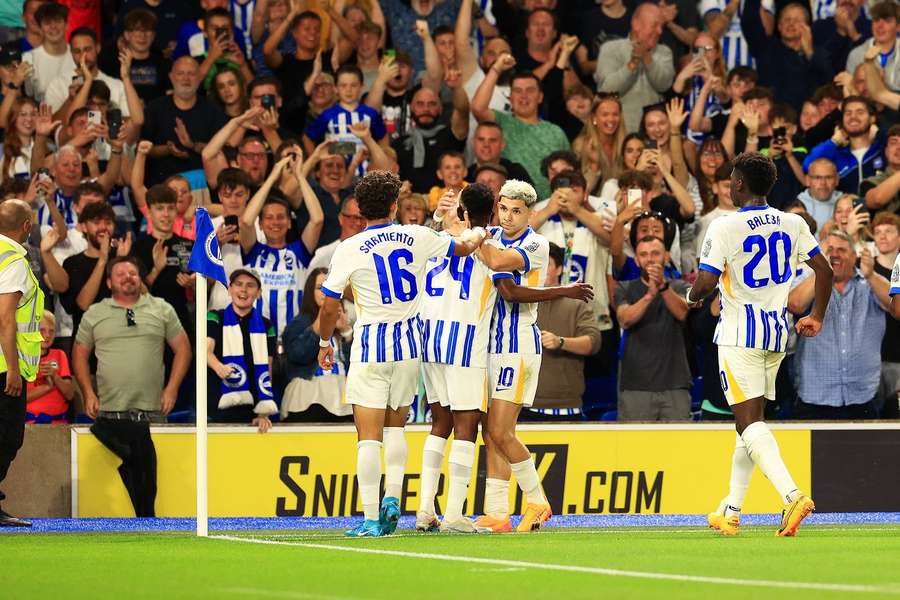 Simon Adingra of Brighton and Hove Albion celebrating his goal 