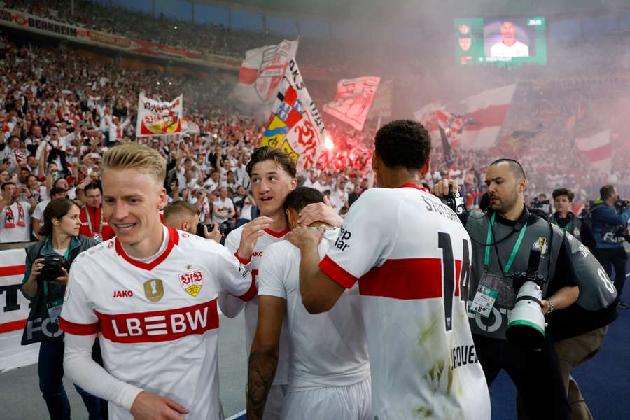Stuttgart's French midfielder Enzo Millot celebrates scoring his team's fourth goal
