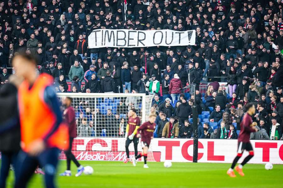 Feyenoord fans unveil a banner saying 'Timber Out' before the game against Sparta