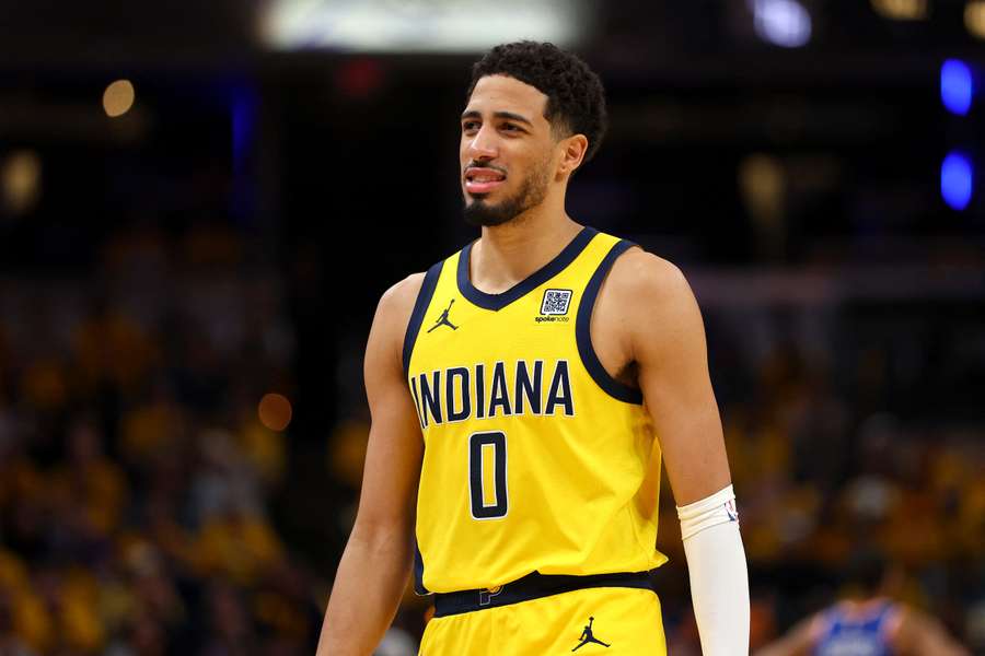 Pacers guard Tyrese Haliburton after a whistle during Game 4 of the Eastern Conference Finals (2025 NBA Playoffs)