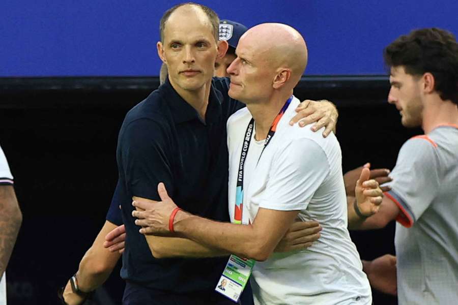 Thomas Tuchel and Stole Solbakken embrace one another after the final whistle in Miami. Thomas Tuchel and Stole Solbakken embrace one another after the final whistle in Miami.
