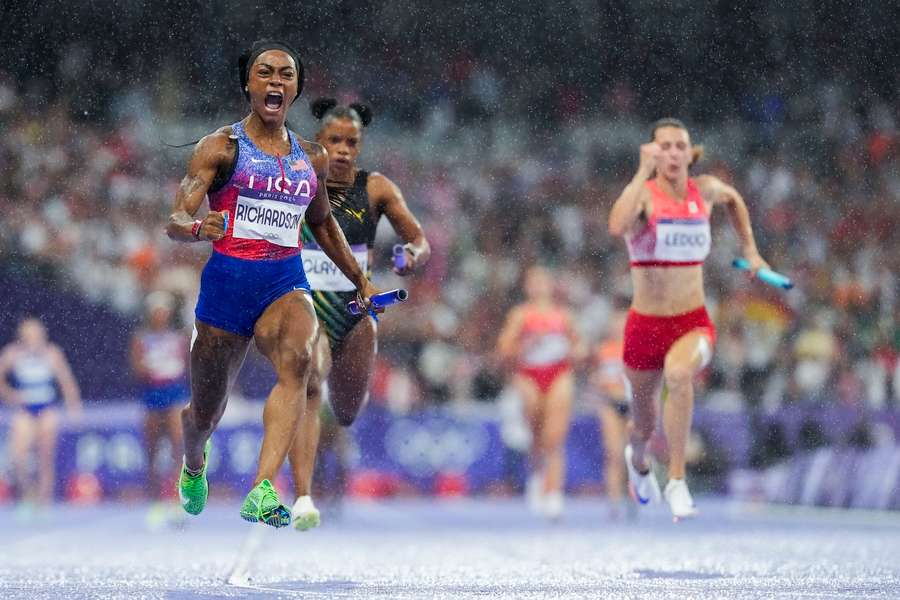 Sha'carri Richardson, of the United States, celebrates after winning the women's 4 x 100-metre relay final 