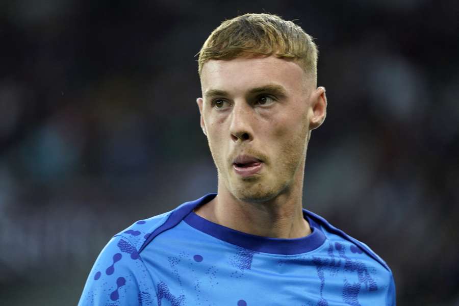 Cole Palmer of Chelsea looks on during a warm up prior the match against Servette FC