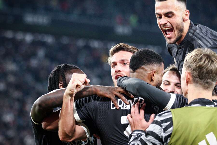 Juventus defender Bremer (3) celebrates with Juventus defender Daniele Rugani after scoring