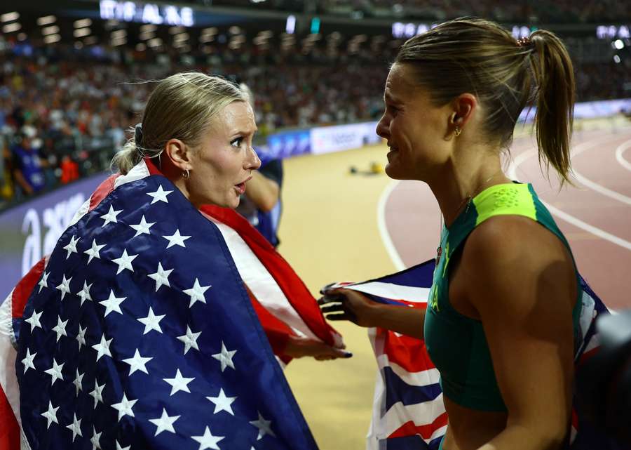 Nina Kennedy and Katie Moon celebrate after sharing the gold medal