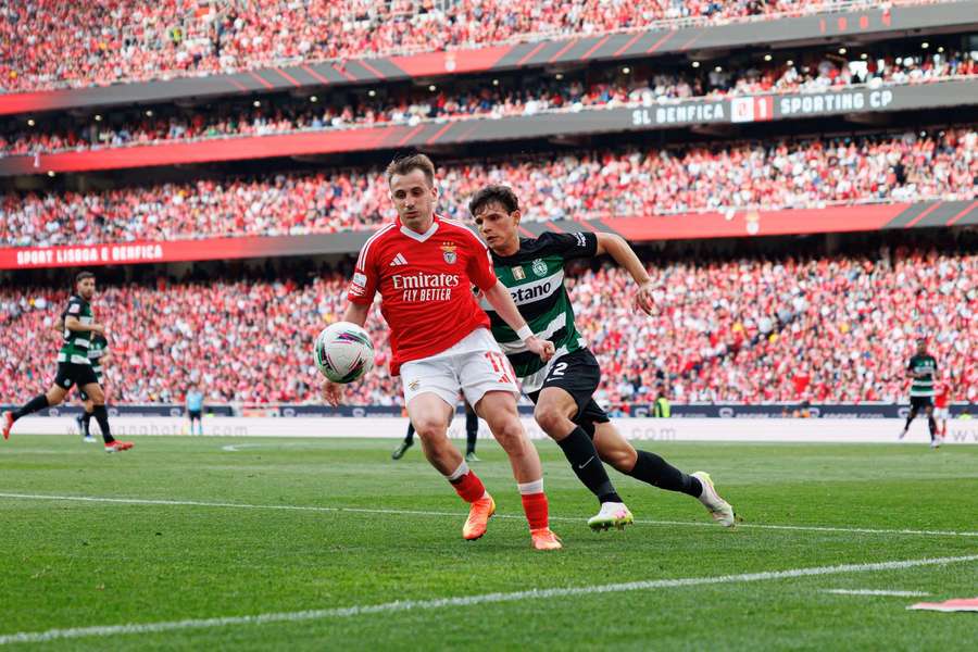 Benfica's Kerem Akturkoglu and Sporting's Eduardo Quaresma battle for the ball during the Liga Portugal top of the table clash