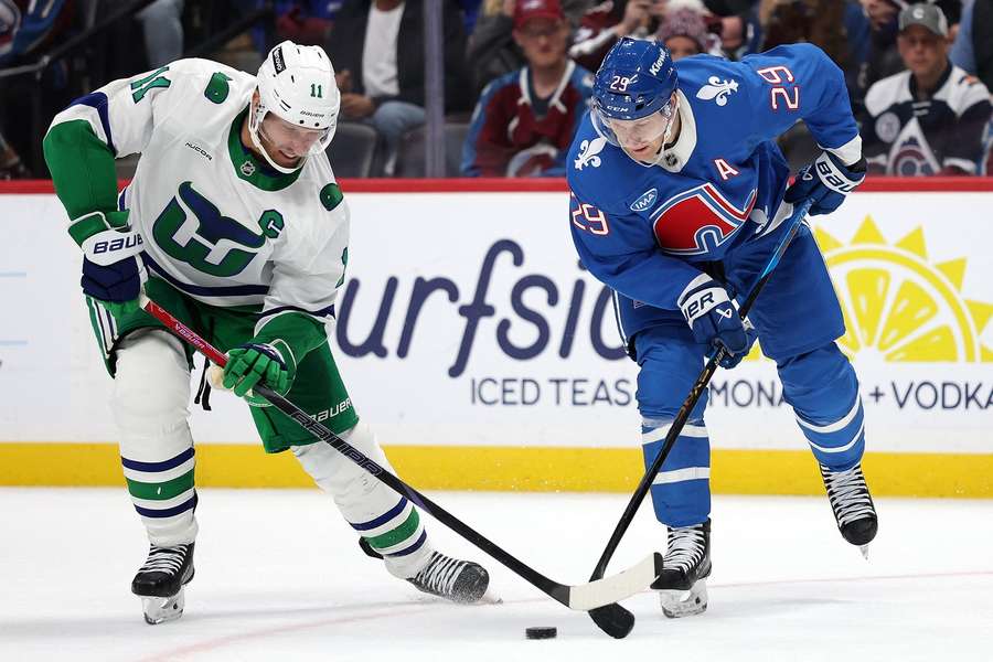 Jordan Staal in a battle with Nathan MacKinnon when the Avalanche and Hurricanes met in historic jerseys last week Jordan Staal in a battle with Nathan MacKinnon when the Avalanche and Hurricanes met in historic jerseys last week