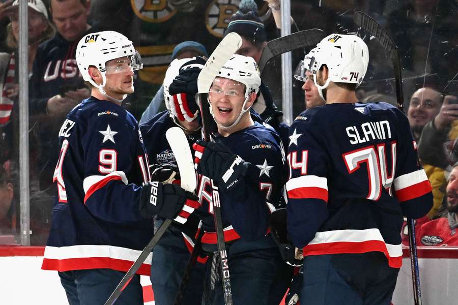 Team USA celebrating after Brady Tkachuk's second goal against Finland in a 6-1 win during the 4 Nations (February 2025)