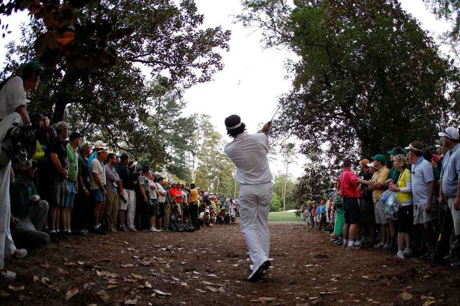 Bubba Watson plays a shot during the sudden-death playoff at the 2012 Masters