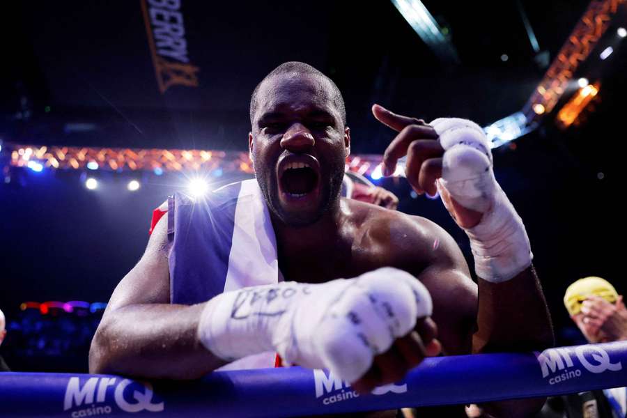 Daniel Dubois celebrates after winning his fight against Fabio Wardley by way of technical knockout
