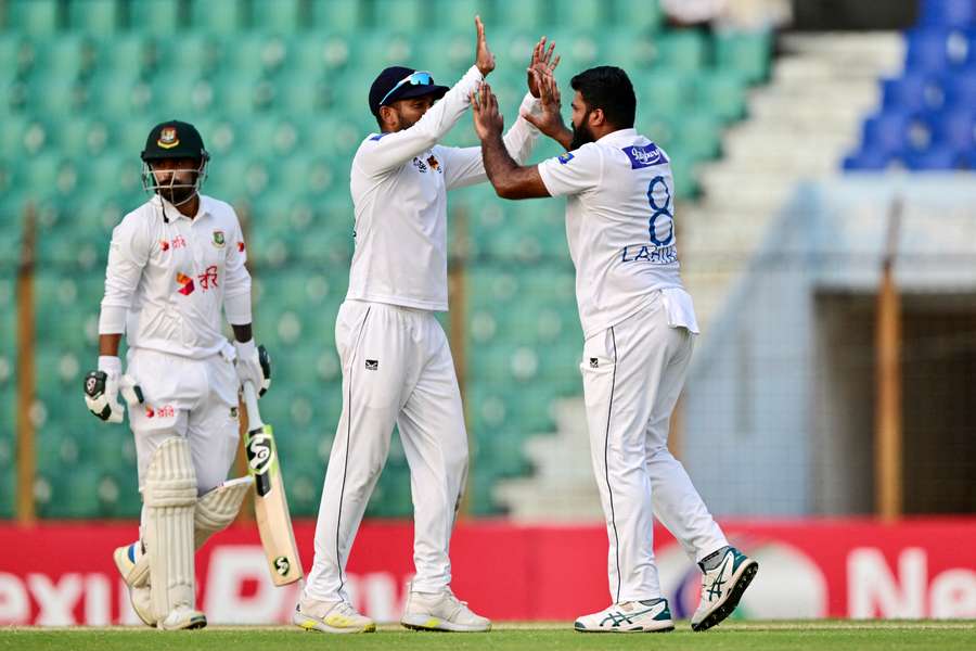 Sri Lanka's Lahiru Kumara celebrates after the dismissal of Bangladesh's Liton Das