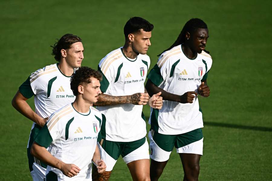 Moise Kean, Gianluca Scamacca, Sebastiano Esposito e Pio Esposito durante l’allenamento dell’Italia Moise Kean, Gianluca Scamacca, Sebastiano Esposito e Pio Esposito durante l’allenamento dell’Italia