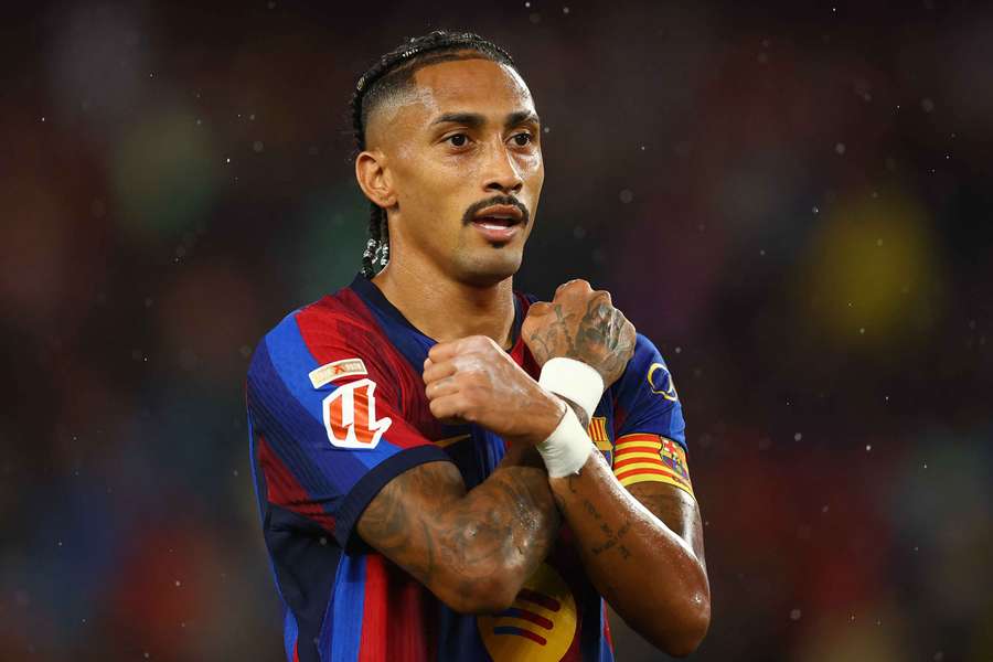 Barcelona's Raphinha celebrates scoring their fourth goal against Racing Santander Barcelona's Raphinha celebrates scoring their fourth goal against Racing Santander