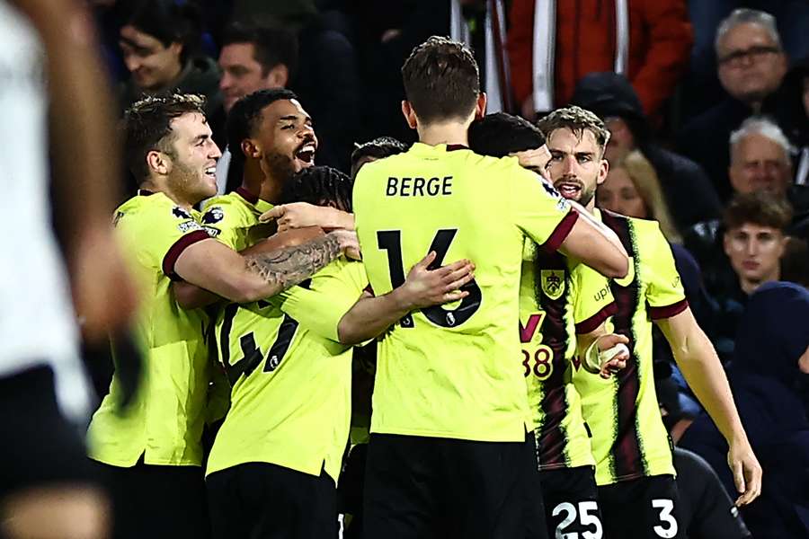 Burnley celebrate as Wilson Odobert gives them the lead at Craven Cottage