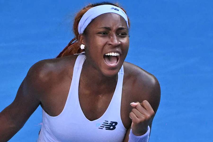 Coco Gauff celebrates beating Karolina Muchova
