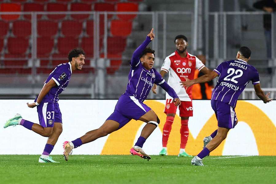 Toulouse's Sion Oppong celebrates scoring their second goal Toulouse's Sion Oppong celebrates scoring their second goal