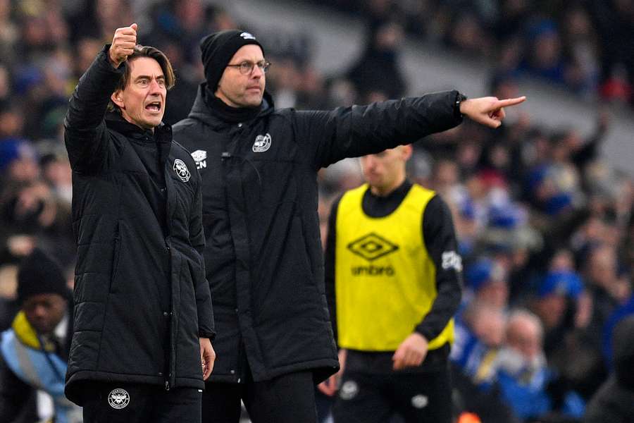 Brentford's Danish head coach Thomas Frank (L) and his assistant Claus Norgaard (R) 