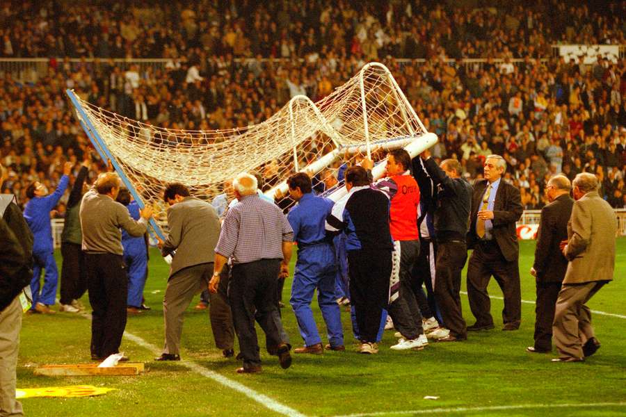 Real Madrid employees put a new goal up in 1998