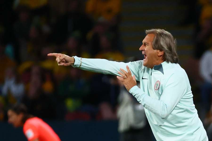 Nigeria coach Randy Waldrum shouts instructions at his players